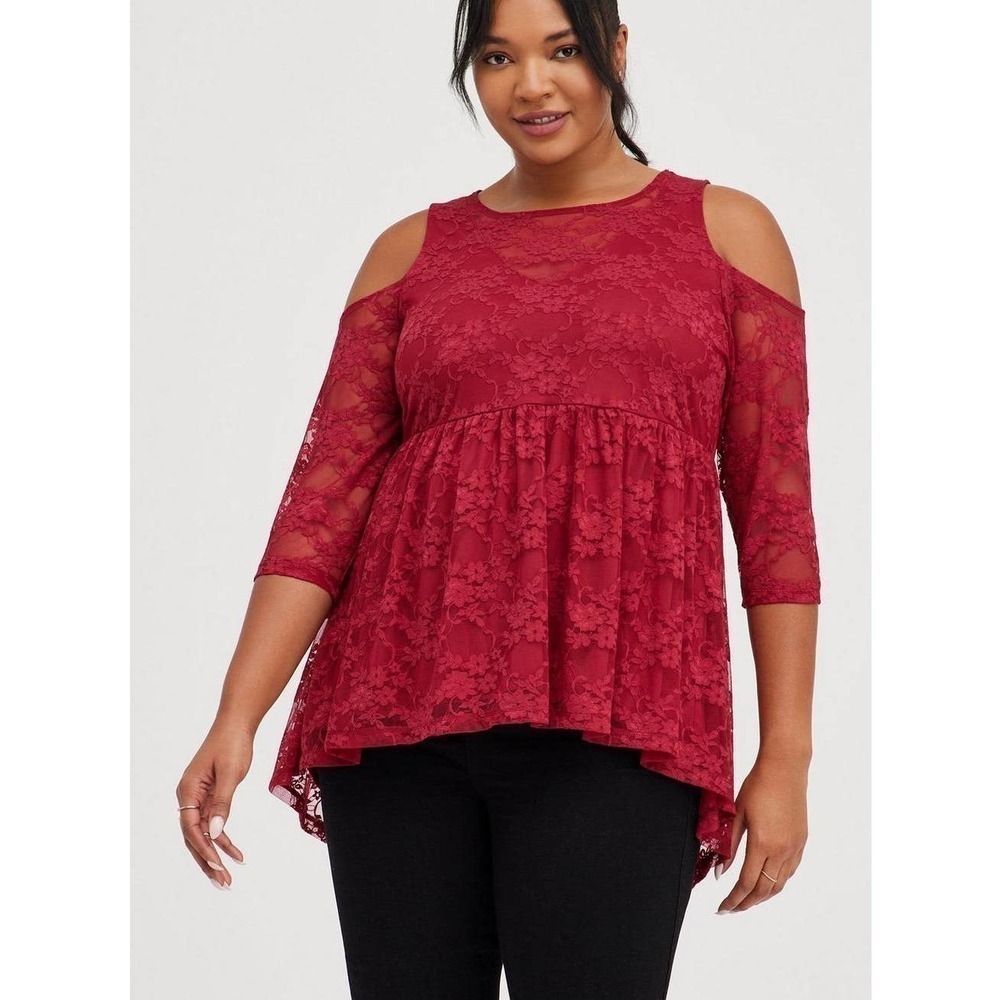 TORRID Maroon Rumba Red Babydoll Stretch Lace Cold Shoulder Top Size 3 3X 22-24